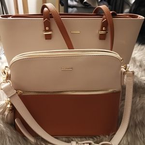 SOLD - Brown and tan work tote, set of two with small crossbody bag